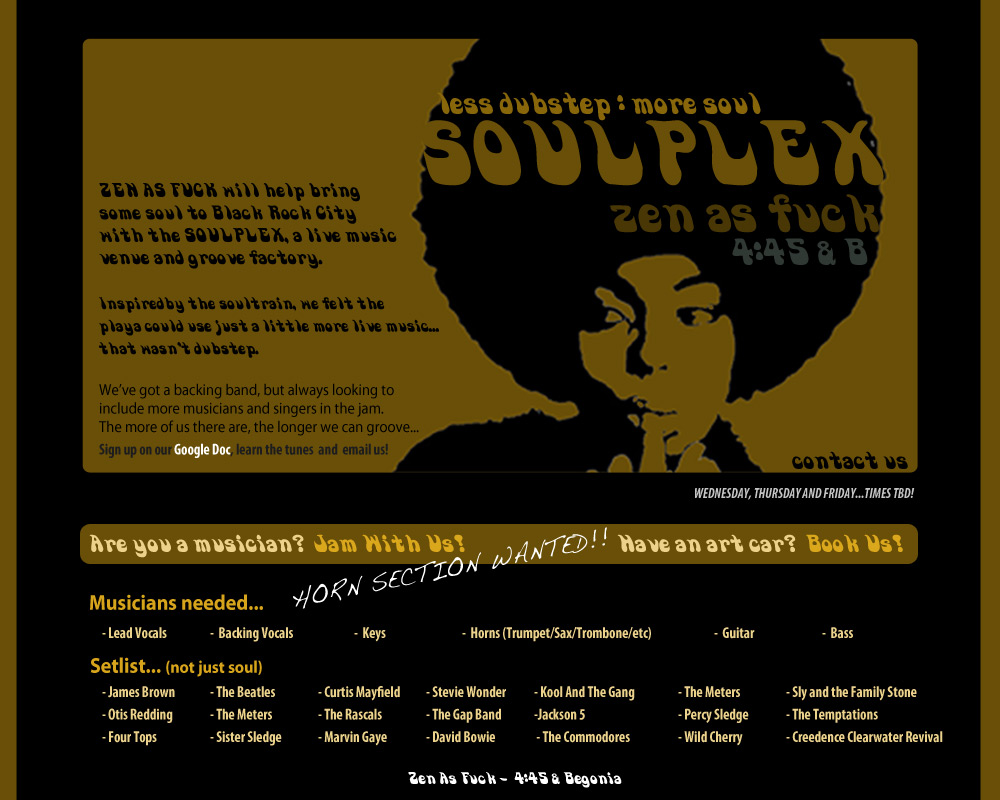 The Soulplex Is Seeking Horn Players Key Player And Vocalists Camp Zen As Fuck spark burning man collaboration burning man